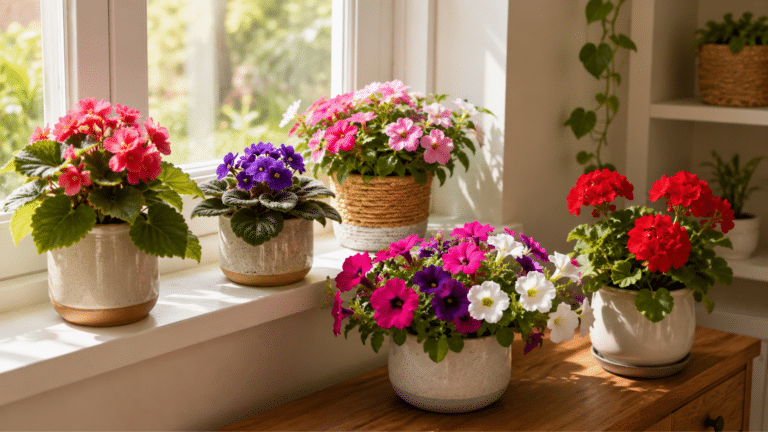 Vasos pequenos com flores coloridas sobre a janela ensolarada, trazendo vida, delicadeza e charme natural para a decoração da casa.