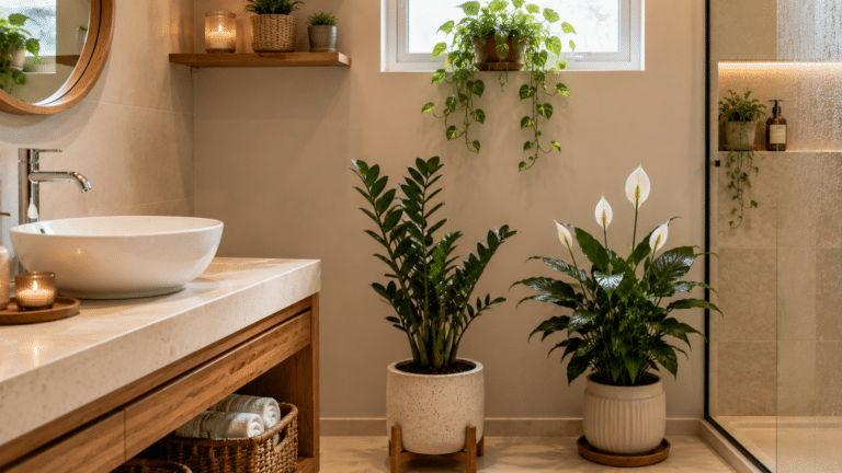 Banheiro claro decorado com plantas naturais que gostam de umidade, incluindo jiboia, zamioculca e lírio-da-paz, criando um ambiente fresco e acolhedor.