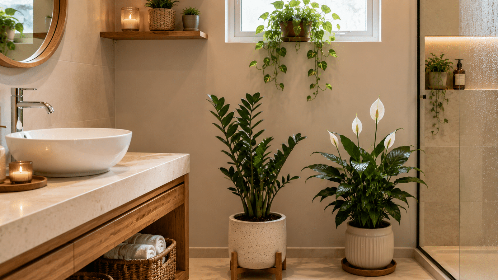 Banheiro claro decorado com plantas naturais que gostam de umidade, incluindo jiboia, zamioculca e lírio-da-paz, criando um ambiente fresco e acolhedor.