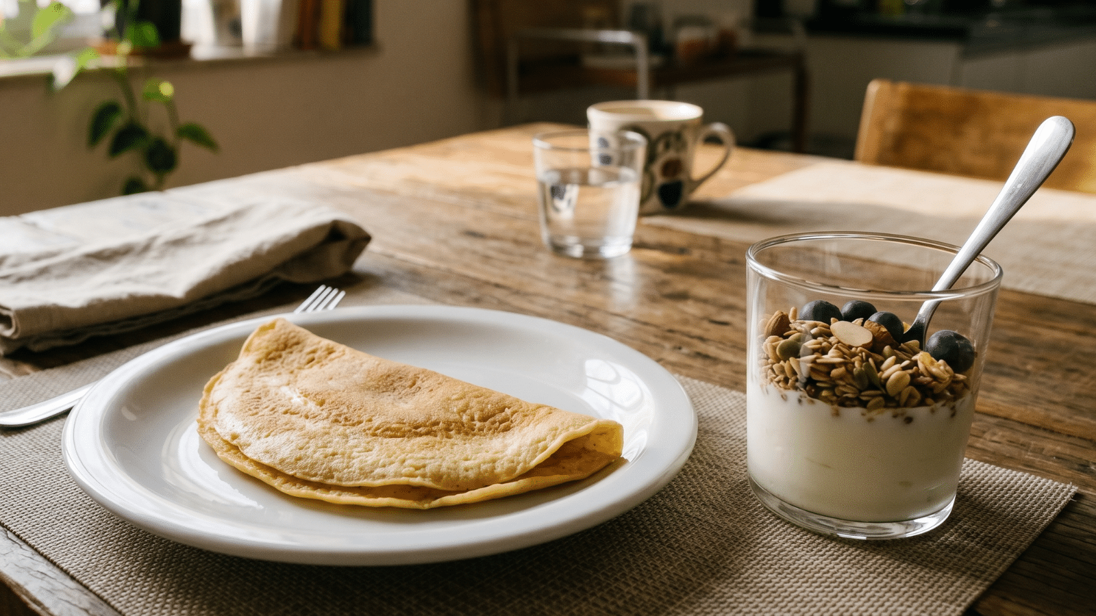 crepioca e iogurte com granola em cima da mesa