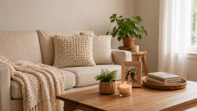 Sala de estar simples e acolhedora com sofá claro, manta de crochê, almofada artesanal, planta, livros, vela e porta-retrato em decoração afetiva.