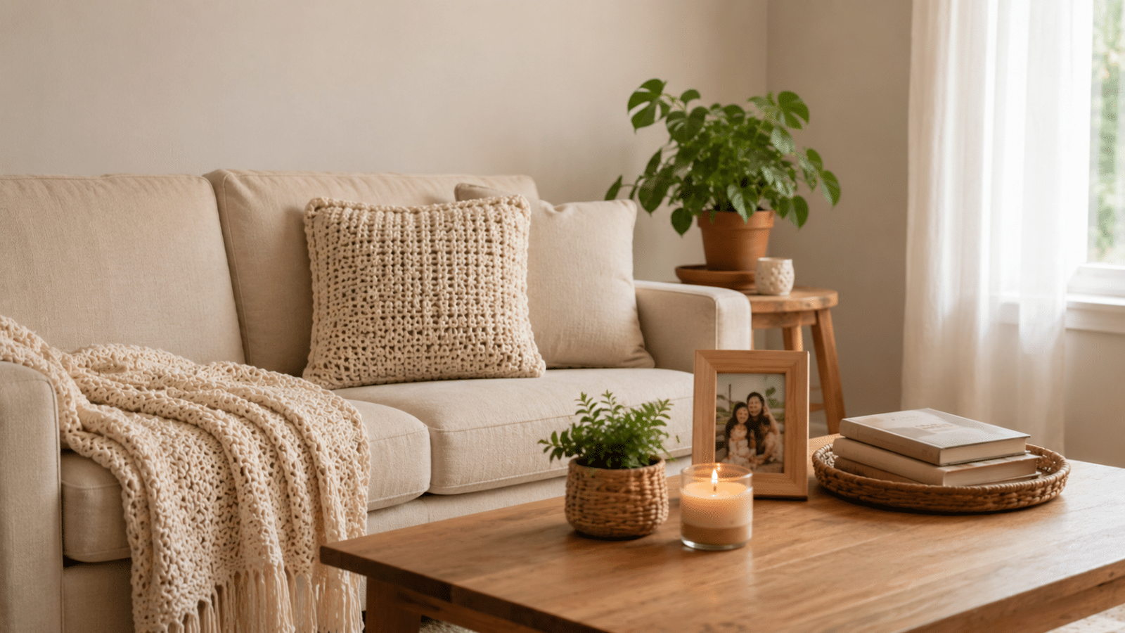 Sala de estar simples e acolhedora com sofá claro, manta de crochê, almofada artesanal, planta, livros, vela e porta-retrato em decoração afetiva.