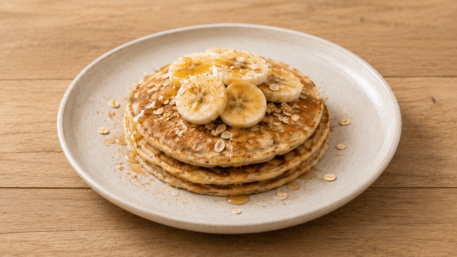 Panqueca de banana nutritiva com rodelas da fruta, aveia, canela e mel, servida em prato claro sobre mesa de madeira.