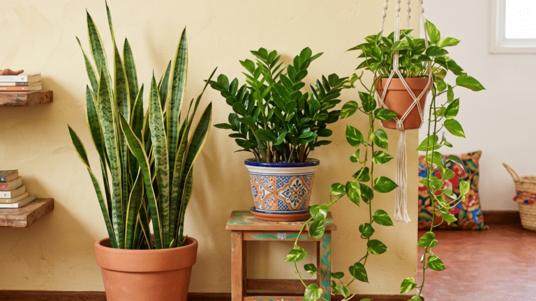 Plantas espada de são jorge, zamioculca e jiboia numa sala brasileira