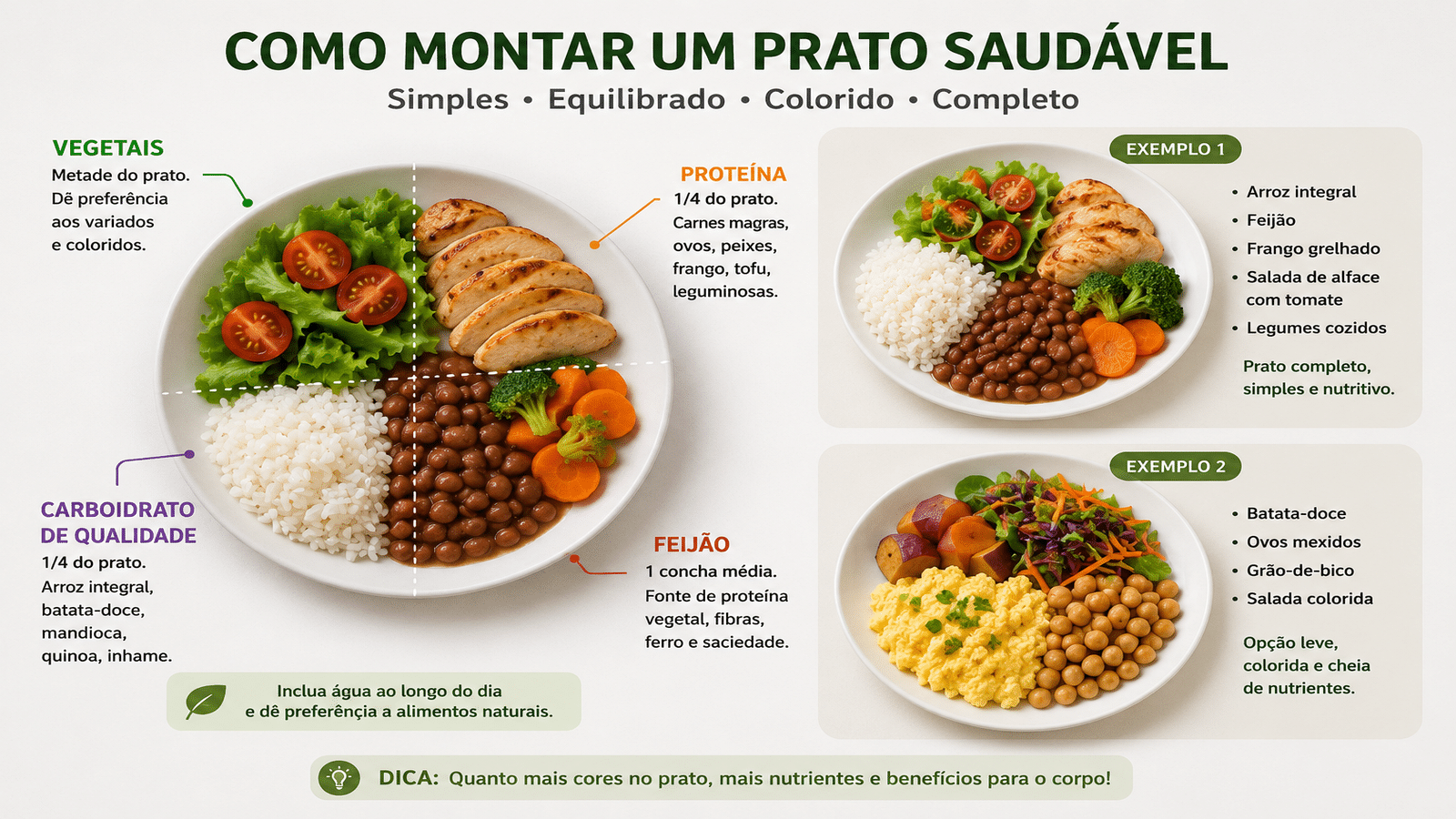 Infográfico simples mostrando como montar um prato saudável com vegetais, proteína, carboidrato de qualidade e feijão para uma refeição equilibrada.