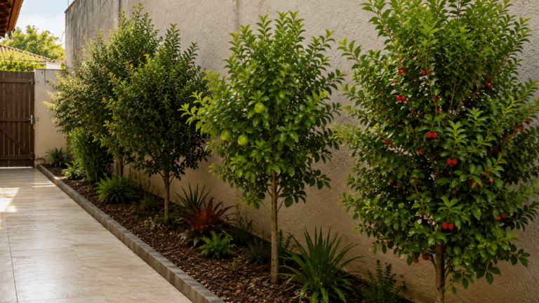 Árvores frutíferas compactas em quintal pequeno com canteiro lateral, ideal para preservar o pavimento e aproveitar melhor o espaço.