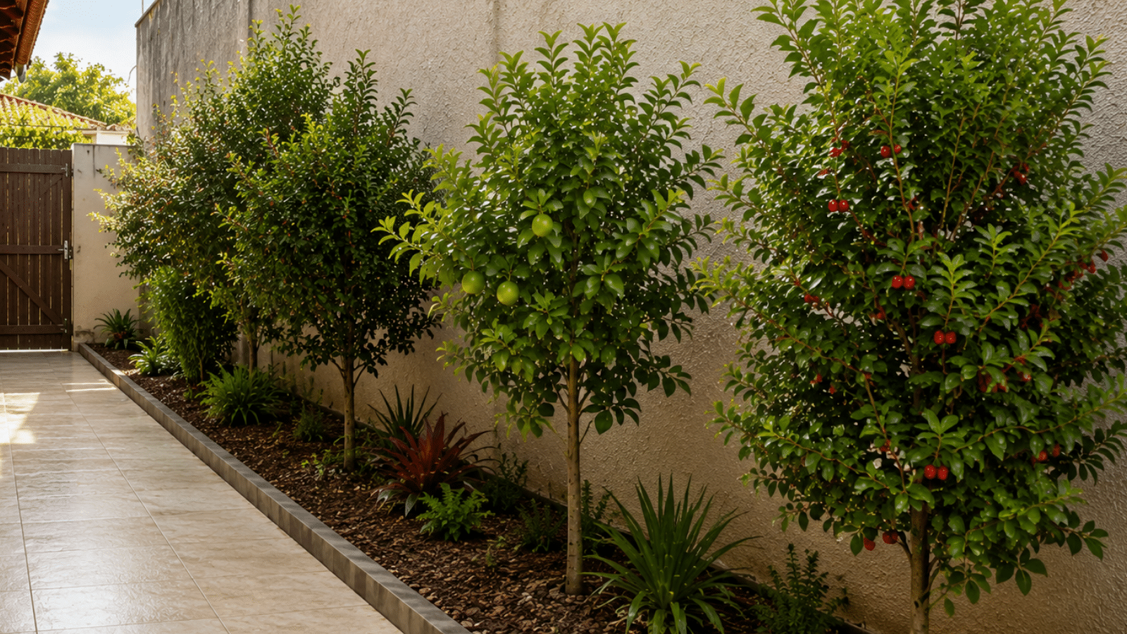 Árvores frutíferas compactas em quintal pequeno com canteiro lateral, ideal para preservar o pavimento e aproveitar melhor o espaço.
