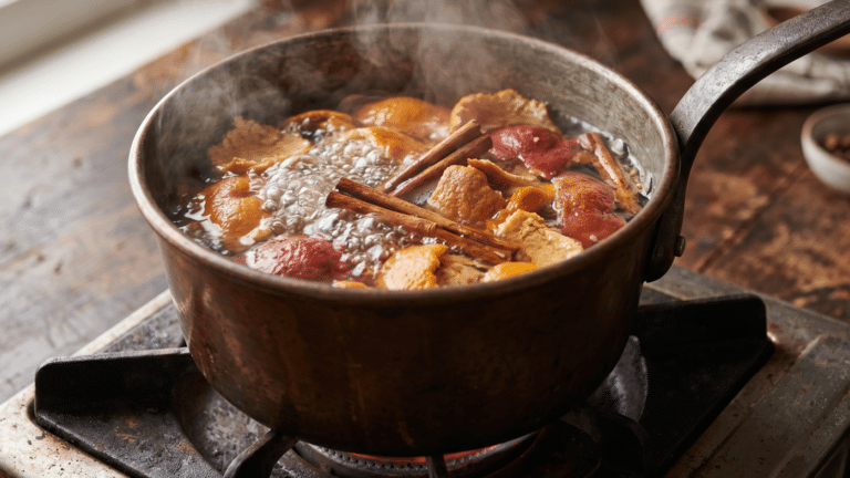 Panela fervendo com casca de tangerina, laranja e canela