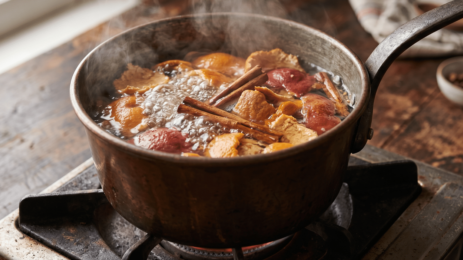 Panela fervendo com casca de tangerina, laranja e canela