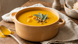 Panela com sopa de abóbora