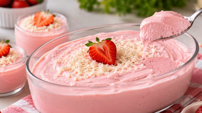 Sobremesa gelada de morango com textura cremosa, servida em travessa de vidro e decorada com coco ralado e frutas frescas.
