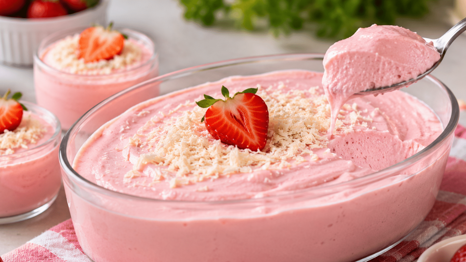 Sobremesa gelada de morango com textura cremosa, servida em travessa de vidro e decorada com coco ralado e frutas frescas.