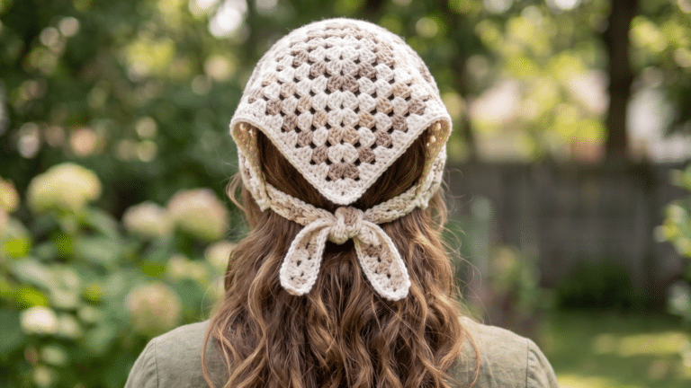 Mulher com cabelo longo de costas usando bandana em crochê com tons neutros