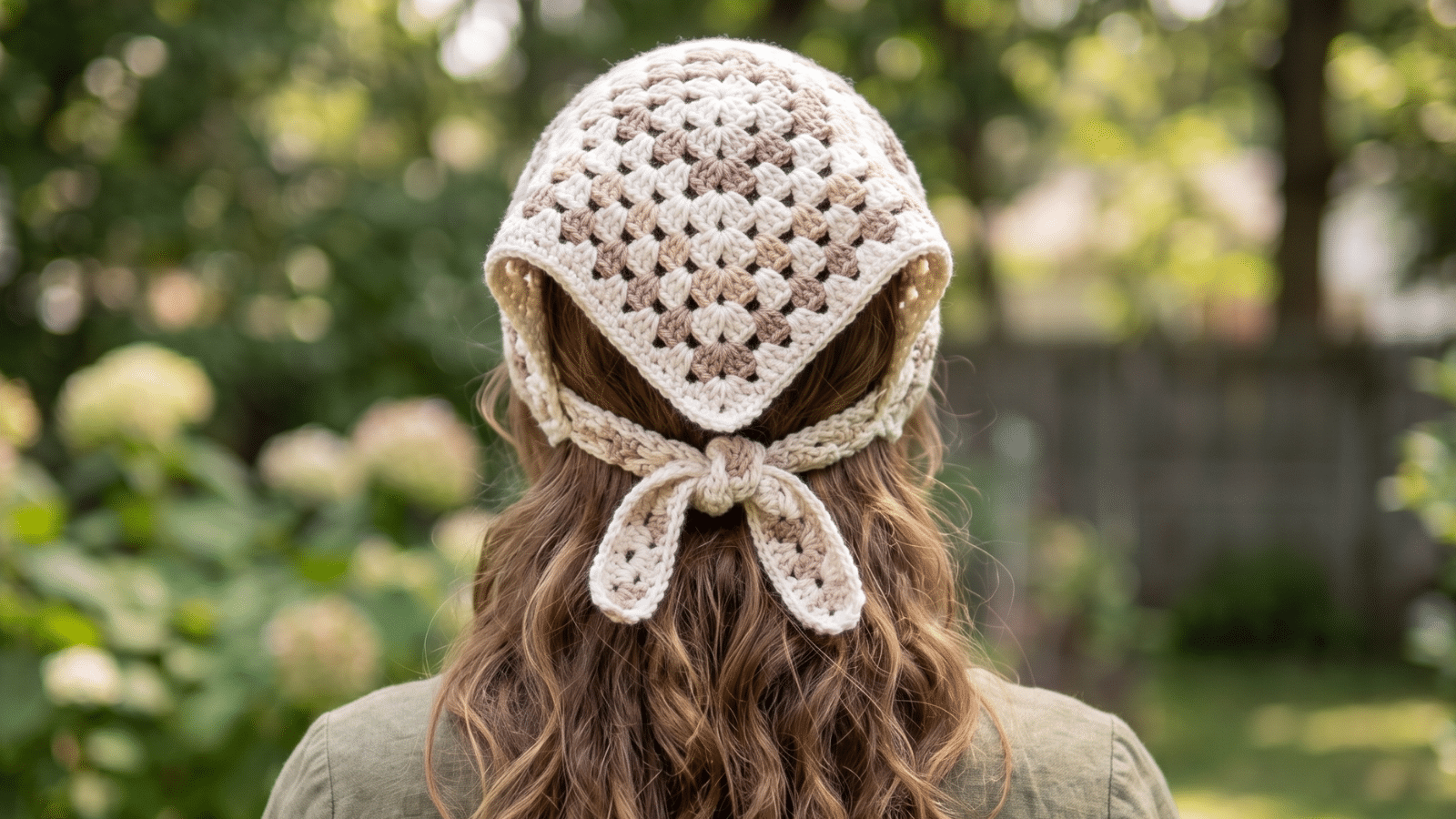 Mulher com cabelo longo de costas usando bandana em crochê com tons neutros