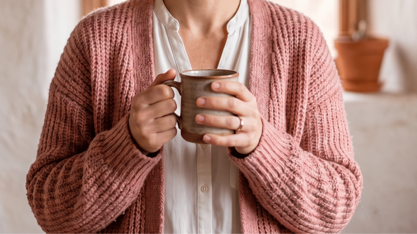 Muljer com cargidan de crochê na cor rosa. Mulher segura uma caneca