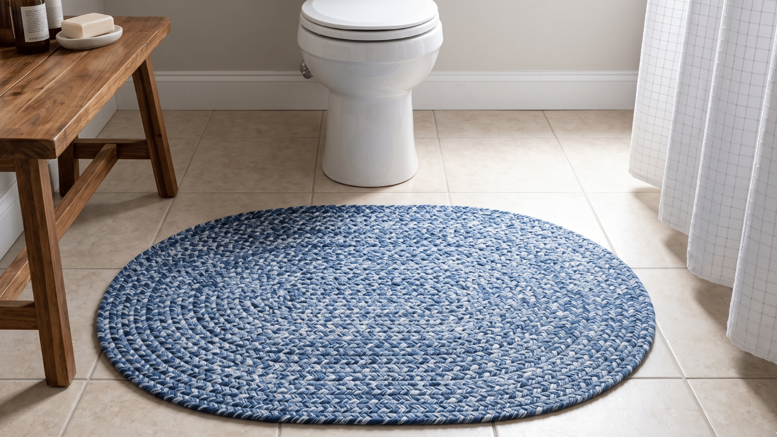 Tapete de banheiro oval feito de crochê na cor azul