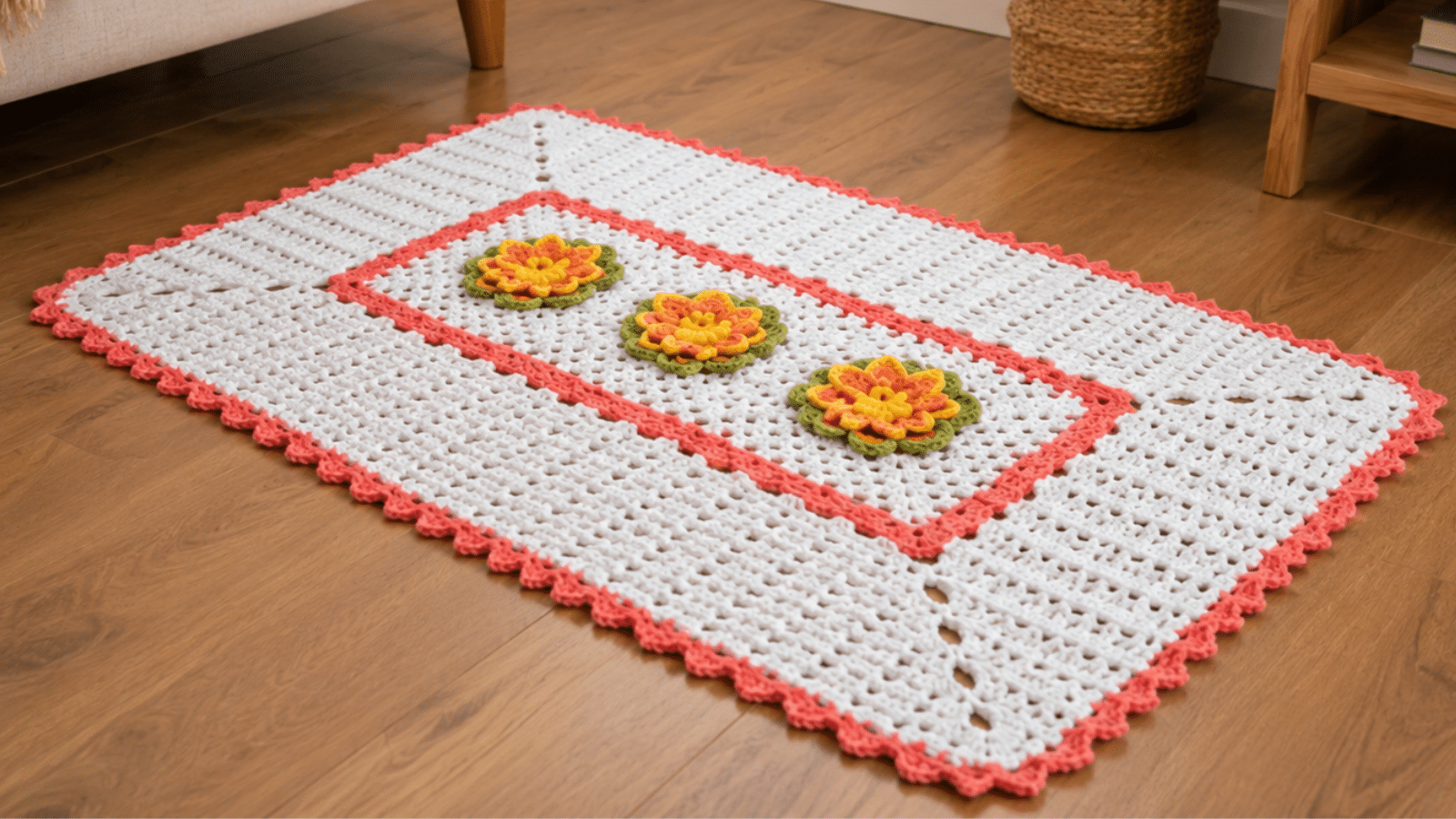 Tapete de crochê retangular com flores