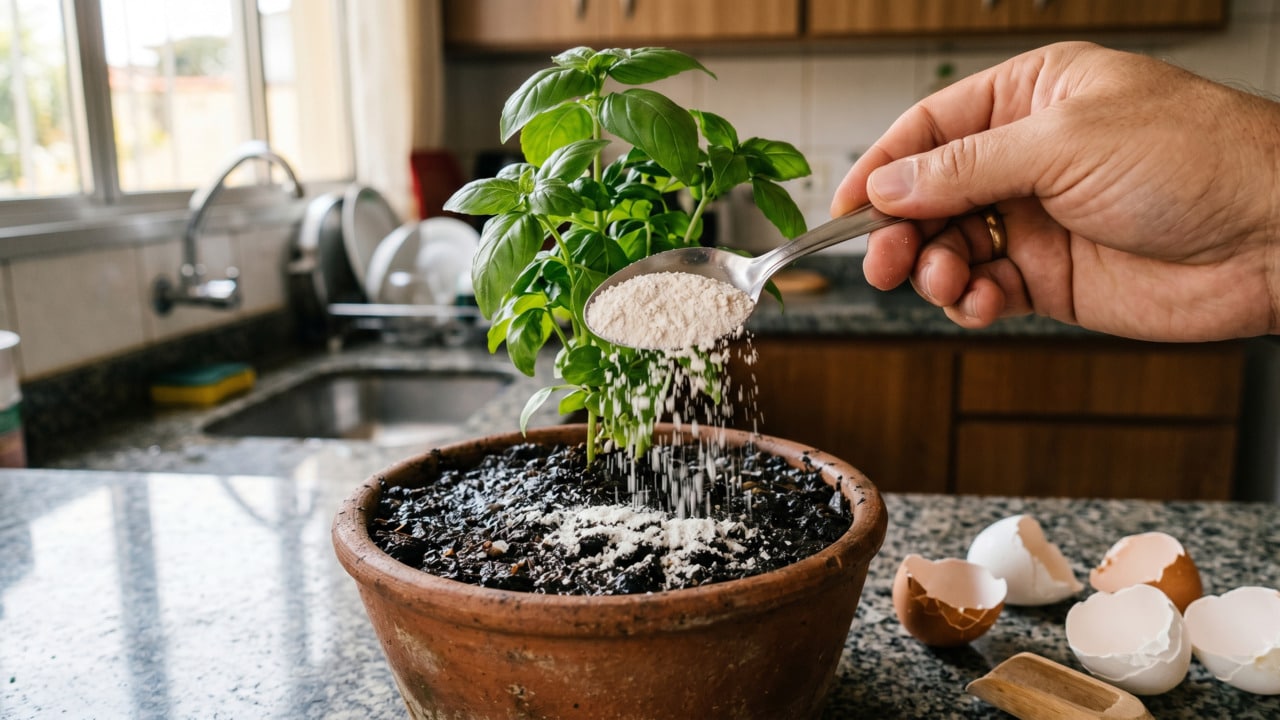Despejando cascas de ovos trituradas sober a terra de vaso com planta