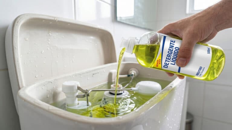 Despejando detergente líquido no interior do sanitário
