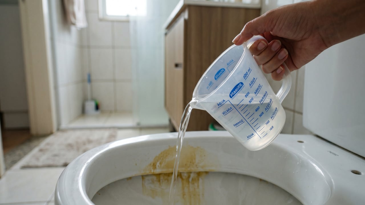 Despejando líquido para dissolver mancha no vaso sanitário