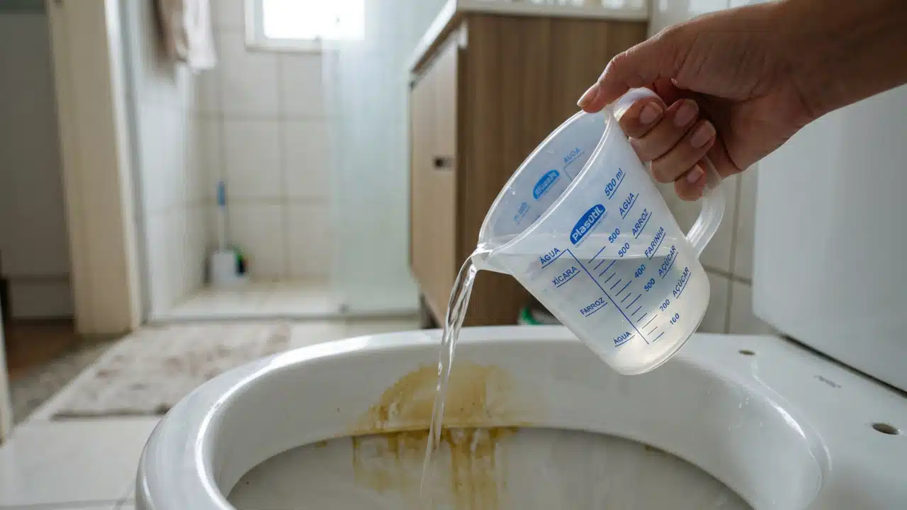 Despejando líquido para dissolver mancha no vaso sanitário
