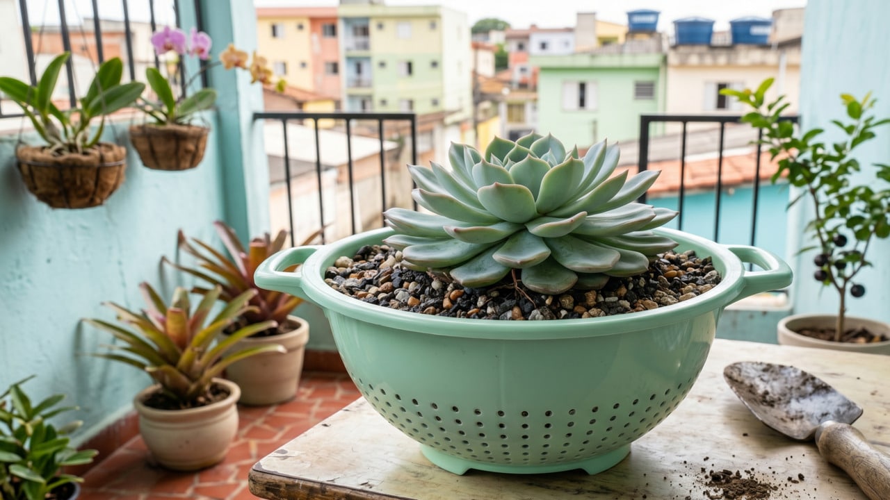 Escorredor de macarrão de plástico usado servindo como vaso de plantas para suculenta no jardim suspenso da varanda de casa