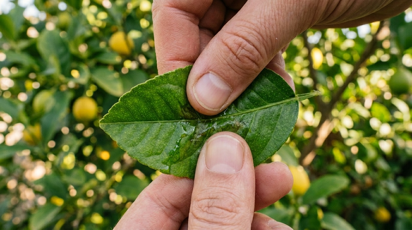Close-up de mãos segurando uma folha verde de limoeiro, inspecionando uma substância brilhante e pegajosa concentrada no centro da folhagem.