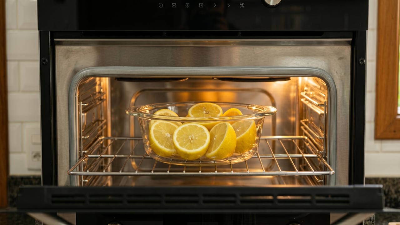Forno com tigela repleta de limões cortados para remover gordura e odores do inteior