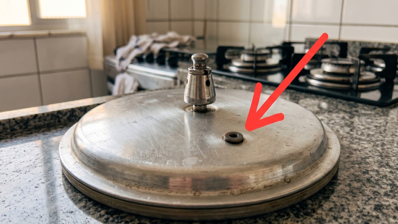 Furo na tampa da panela de pressão sobre a bancada da cozinha