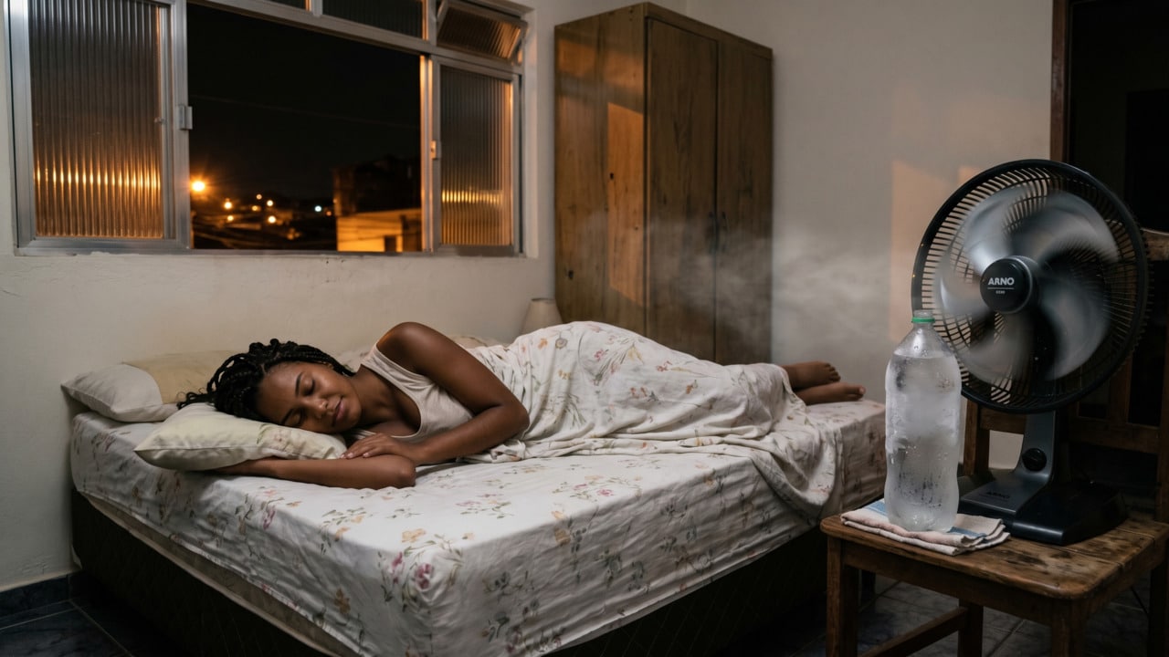 Garrafa de água em frente ao ventilador para resfriar o ambiente com mais eficácia