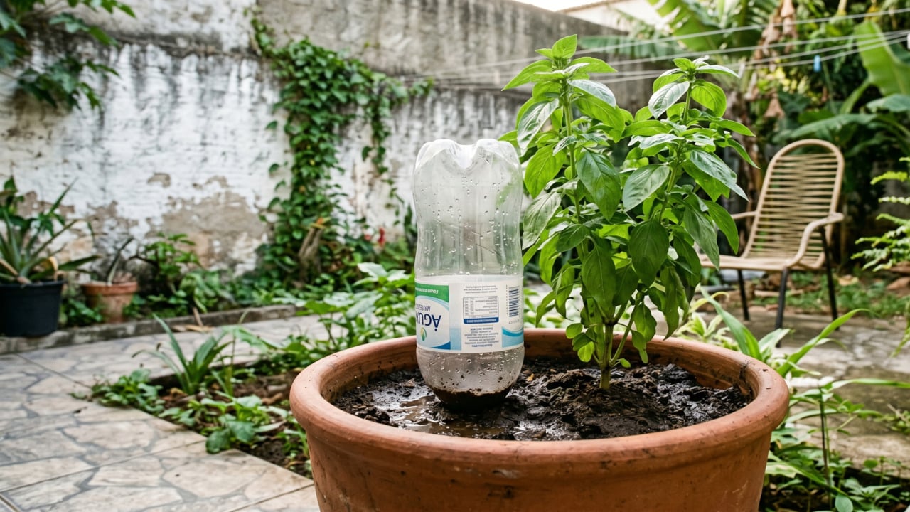 Garrafa pet em vaso para irrigar planta automaticamente