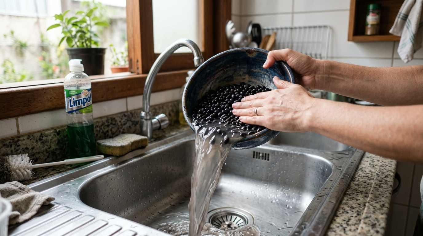 Mãos segurando uma tigela rústica de cerâmica e despejando a água turva do remolho de feijões pretos no ralo de uma pia de cozinha de inox, usando os dedos para reter os grãos hidratados na borda.