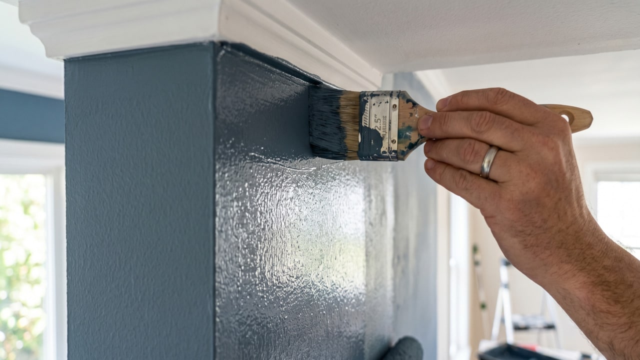 Homem pintando detalhe na parede de casa com tinta e pincel