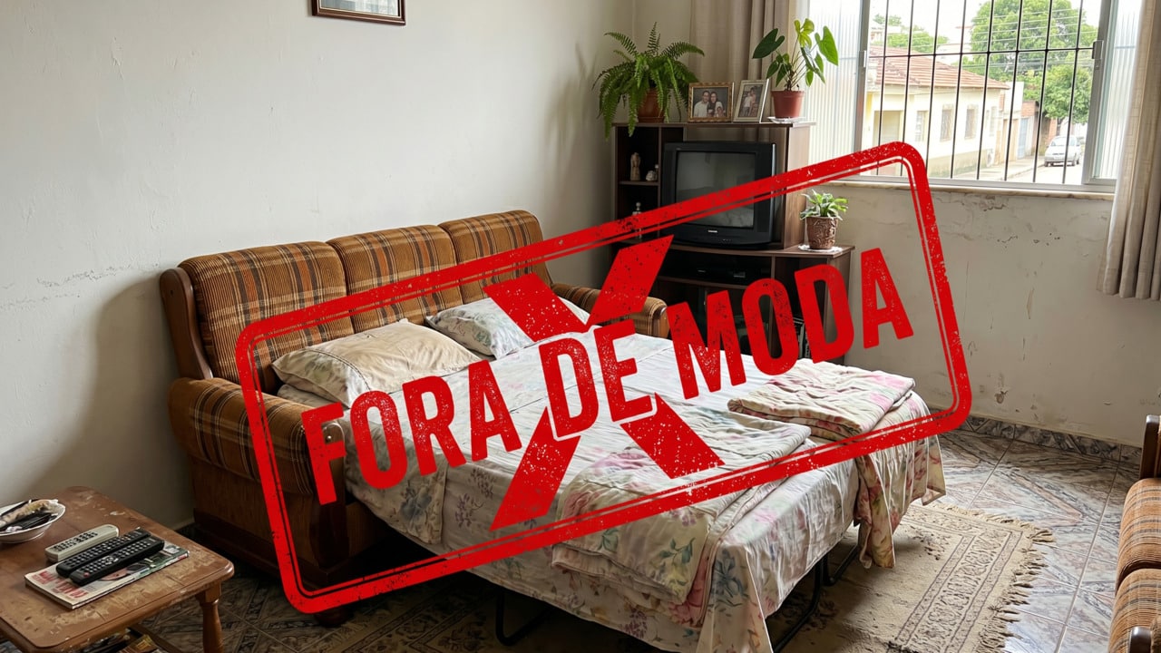Imagem de um sofá-cama fora de moda na sala de casa