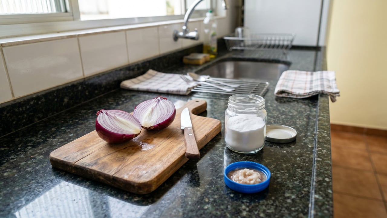 Ingredientes para preparo de repelente de baratas caseiro em cima da pia da cozinha