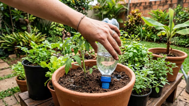 Irrigação automática de planta em vaso com uso de garrafa pet
