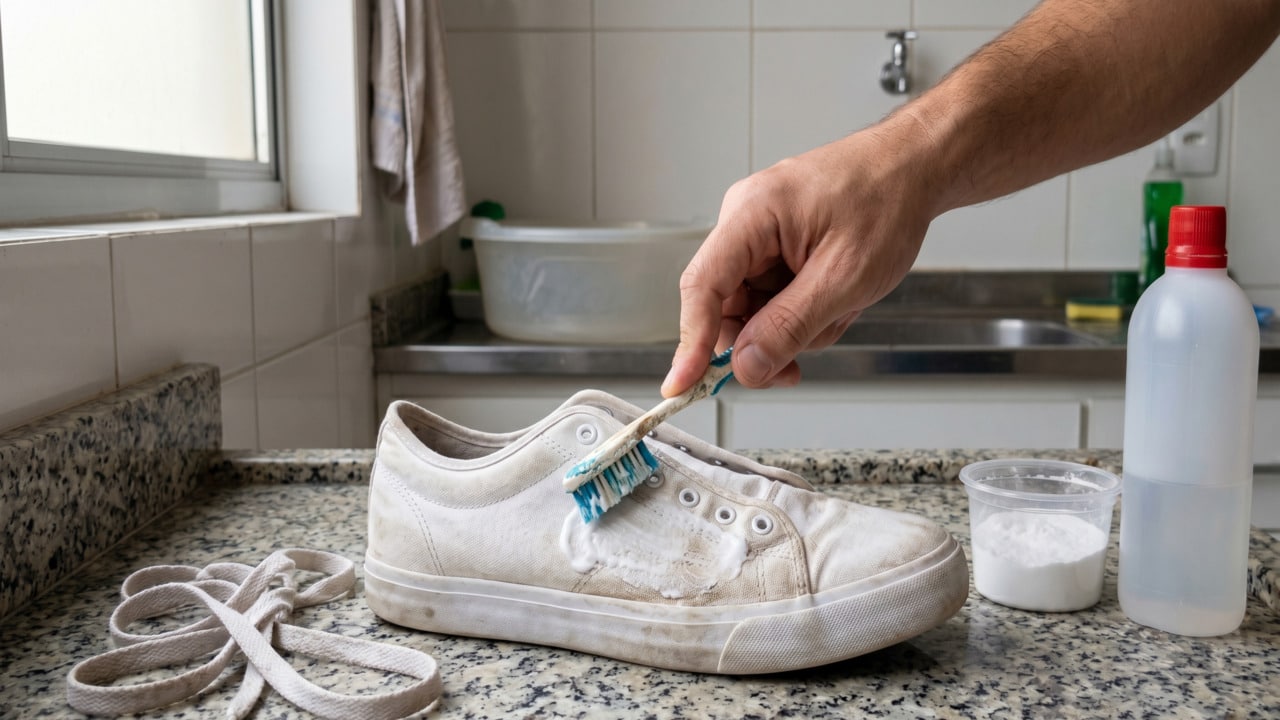 Limpeza de tênis branco em casa com poucos ingredientes