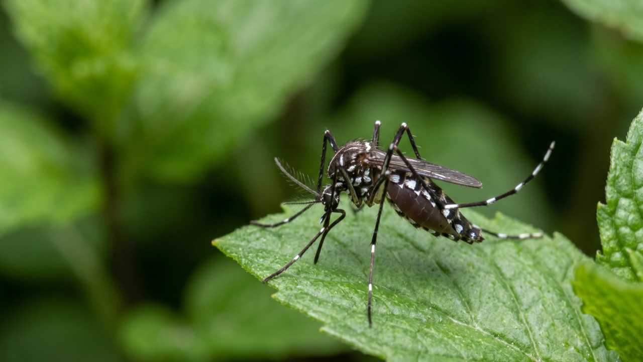 Mosquito aedes aegypti em erva no jardim