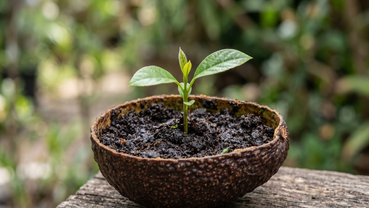 Muda plantada em vaso improvisado com casca de abacate