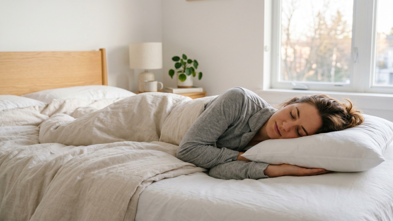 Mulher dormindo de cabeça para baixo na cama durante o dia