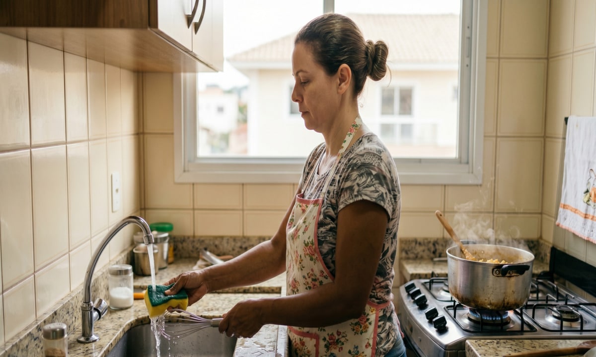 Mulher lavando talher enquanto cozinha