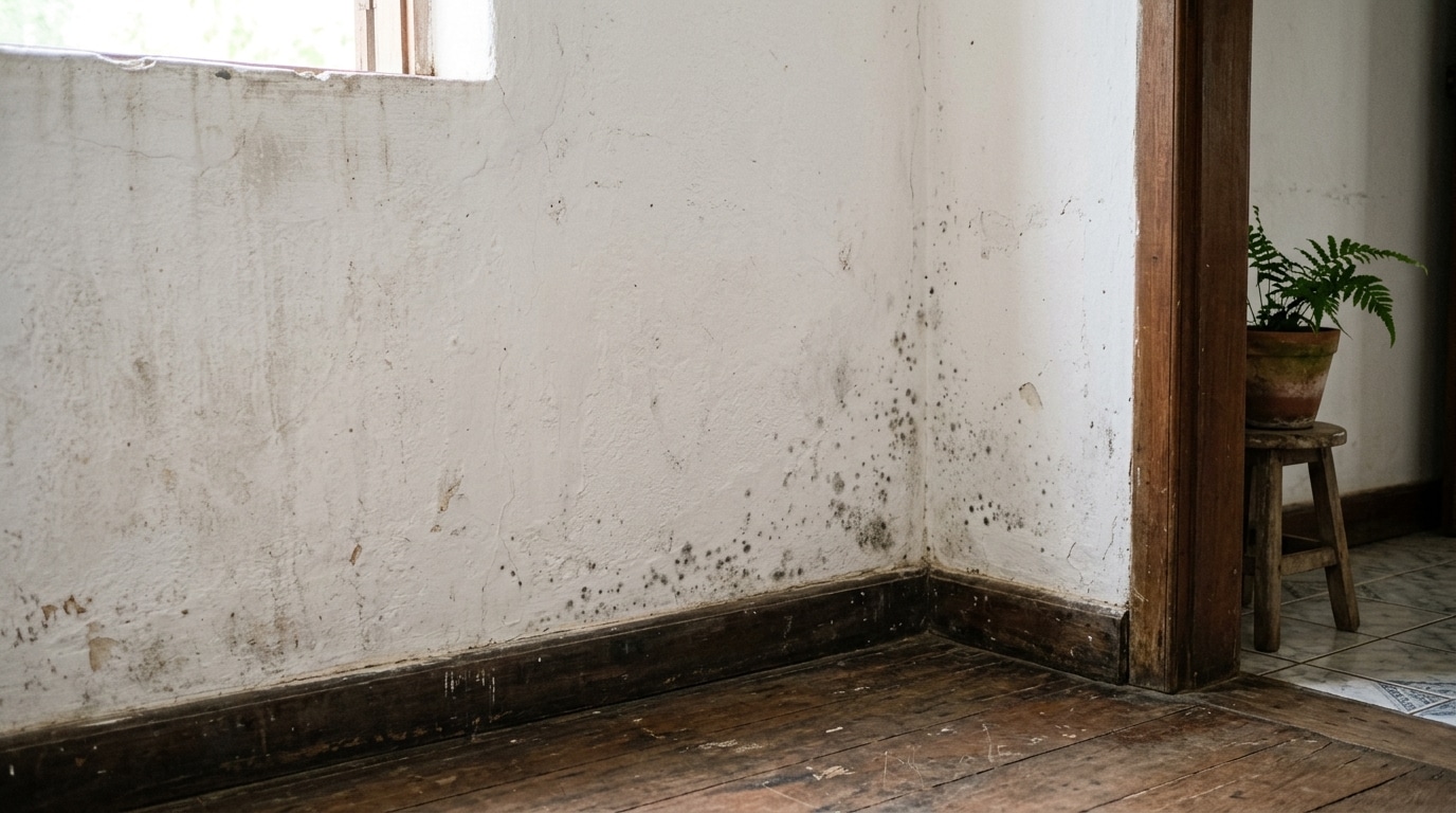 Parede interna branca com descascados e manchas escuras de mofo concentradas na parte inferior, rente a um rodapé e piso rústico de madeira. Ao fundo, um vaso com samambaia sobre um banco.