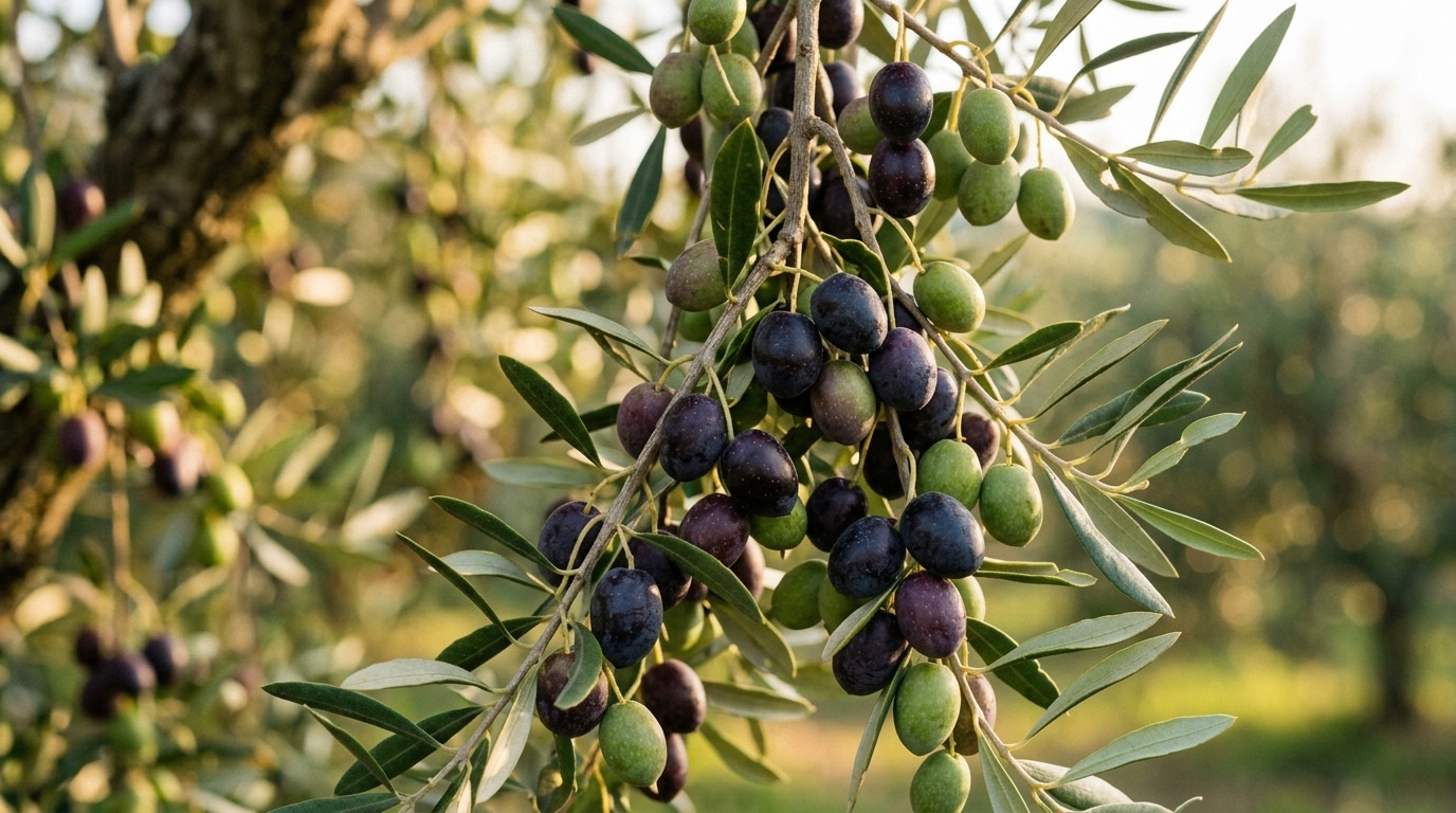 Close-up de um galho de oliveira carregado com azeitonas em diferentes estágios de maturação, exibindo frutos verdes e roxos escuros iluminados pela luz do sol em um pomar.