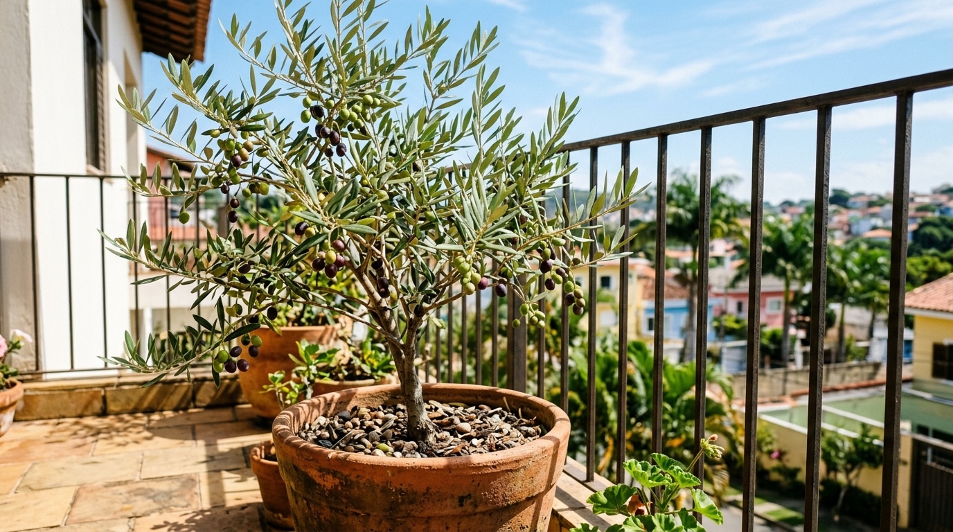 Pequena oliveira com azeitonas escuras nos galhos, plantada em um vaso redondo de terracota sobre piso rústico. A planta está em uma varanda com guarda-corpo de metal preto e vista para um bairro urbano arborizado sob céu azul.