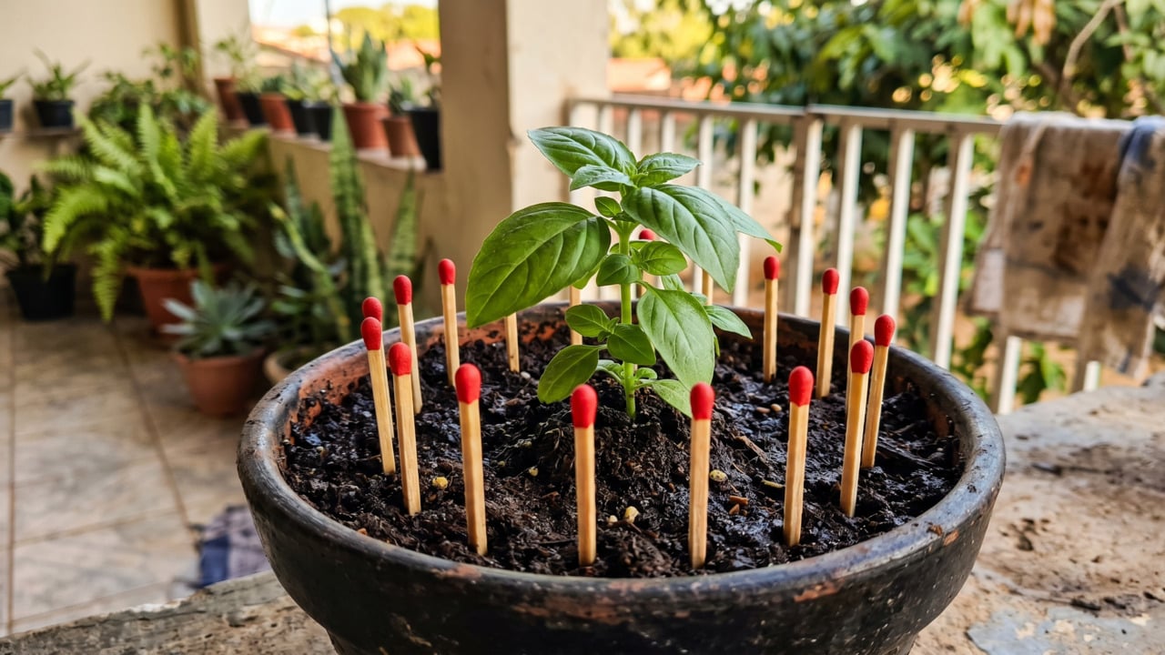 Palitos de fósforo em vaso de planta