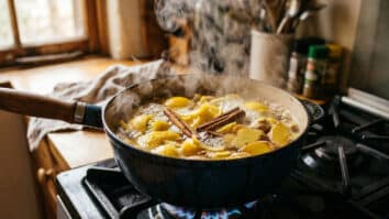 Panela fervendo com limão, canela e gengibre soltando vapor aromático na cozinha