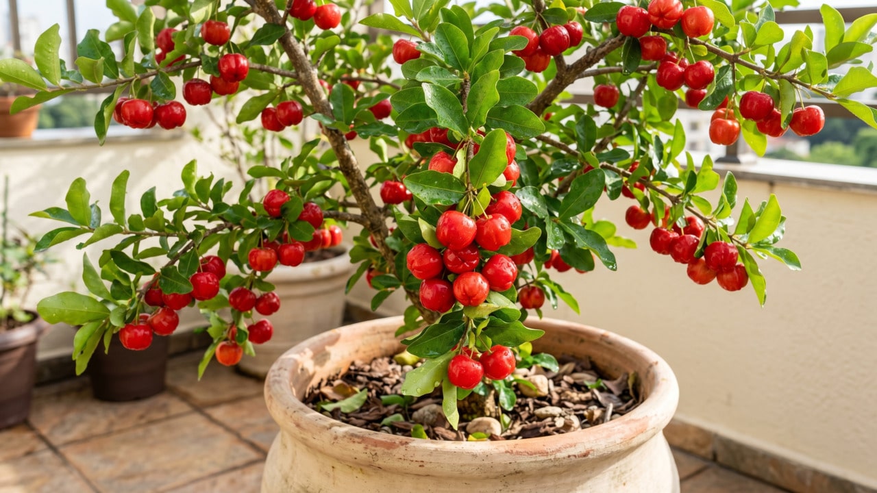 Pequeno pé de acerola plantado em vaso de cerâmica