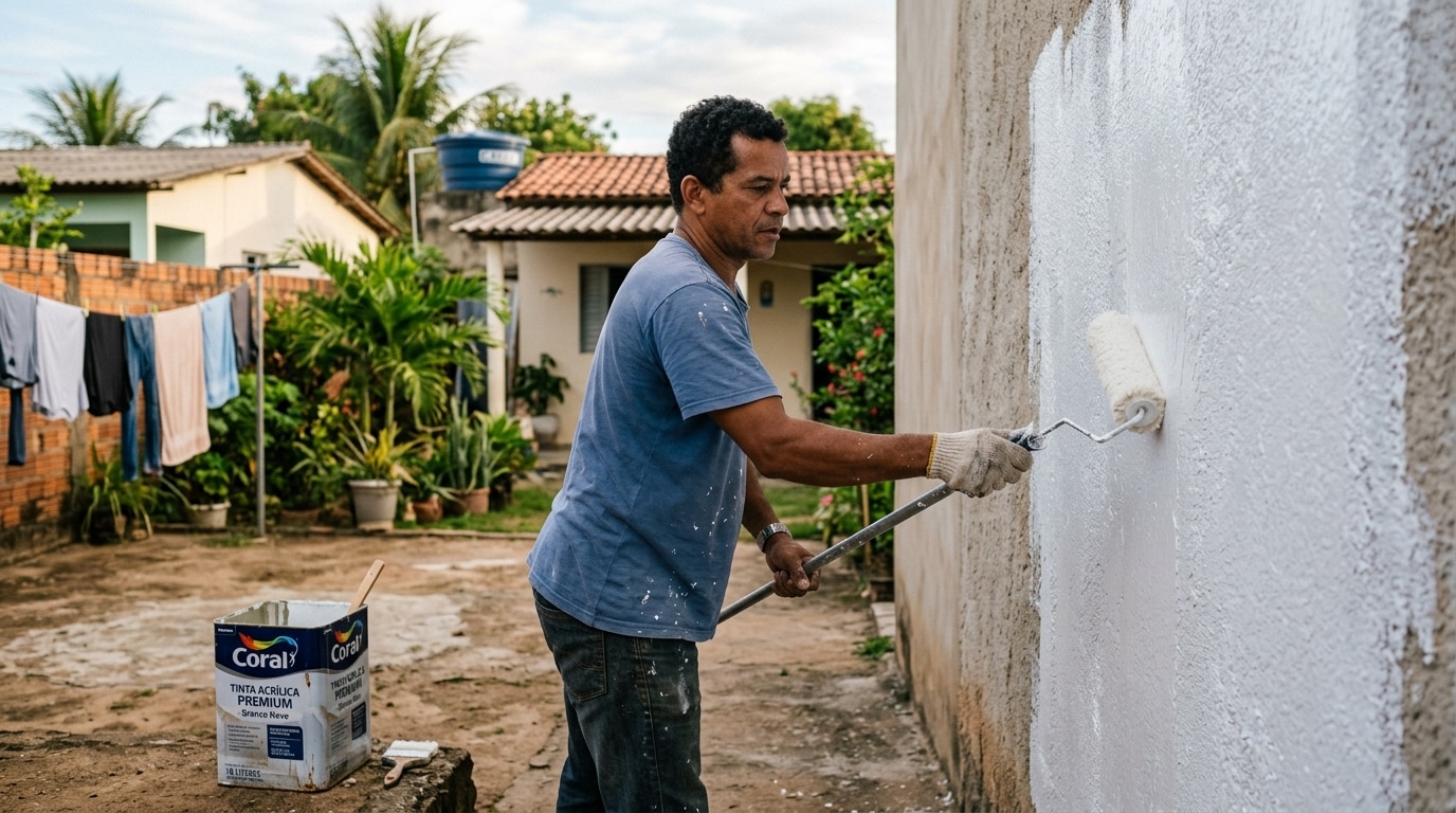 Homem com luvas aplicando tinta branca com um rolo extensor em uma parede externa de chapisco. No chão de terra do quintal, repousa uma lata aberta de tinta acrílica premium.