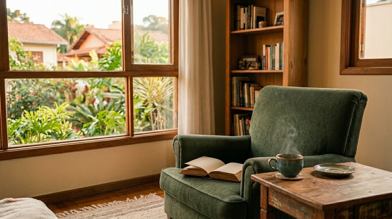 Poltrona verde escura em um canto de leitura aconchegante, com livro aberto e xícara fumegante sobre mesa rústica de madeira, de frente para uma janela ampla com vista para um jardim.