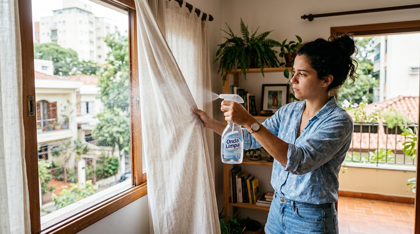 Mulher aplicando spray higienizador de tecidos diretamente em uma cortina clara próxima a uma janela aberta, em uma sala de estar decorada com plantas.